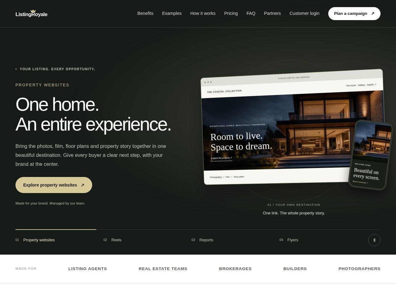 ListingRoyale website showing a property marketing presentation and an interactive package builder